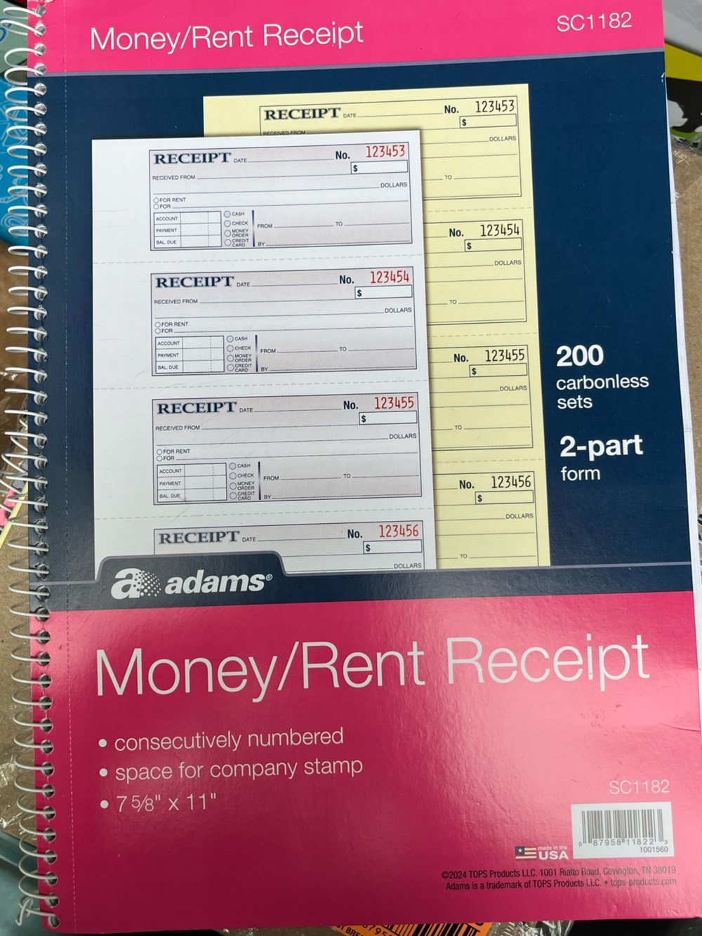 Adams Spiral Receipt Book in Navy and Light Pink